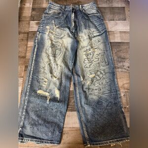 Jaded London Graffiti‎ Distressed Wide Leg Jeans Size 30 | Y2K Skater Streetwear